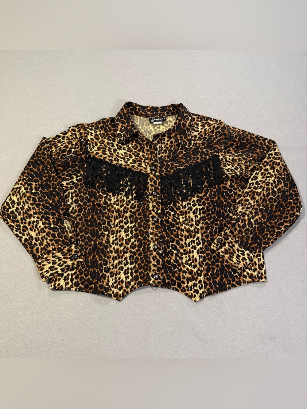 VTG Banjo Dallas Texas 1X Leopard Print Western Black Fringe Button Up Cowgirl